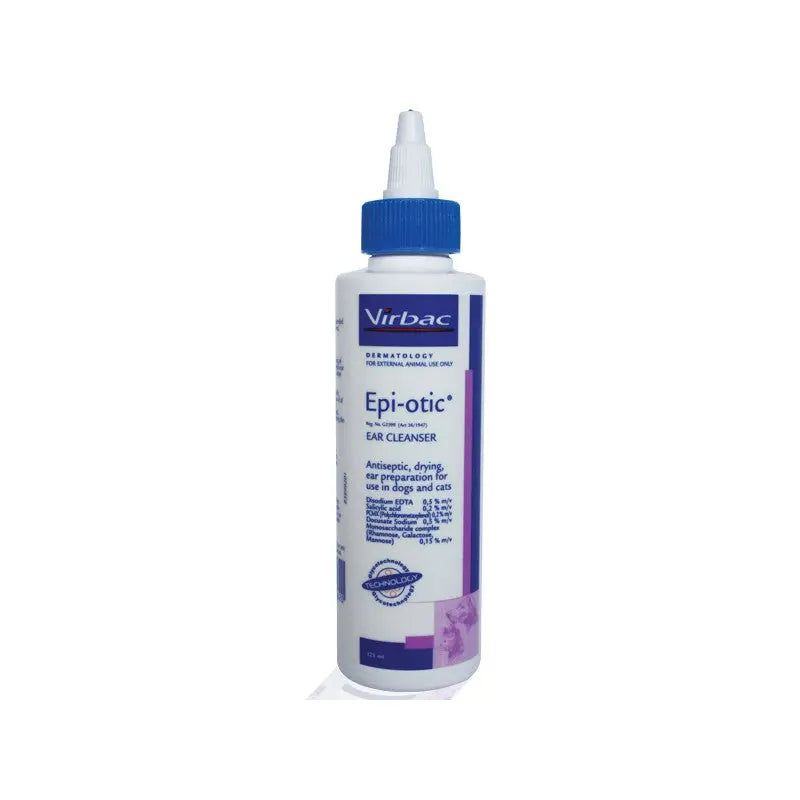 Virbac Epi-otic ear cleanser bottle for pets, designed for cleaning and drying ears effectively.