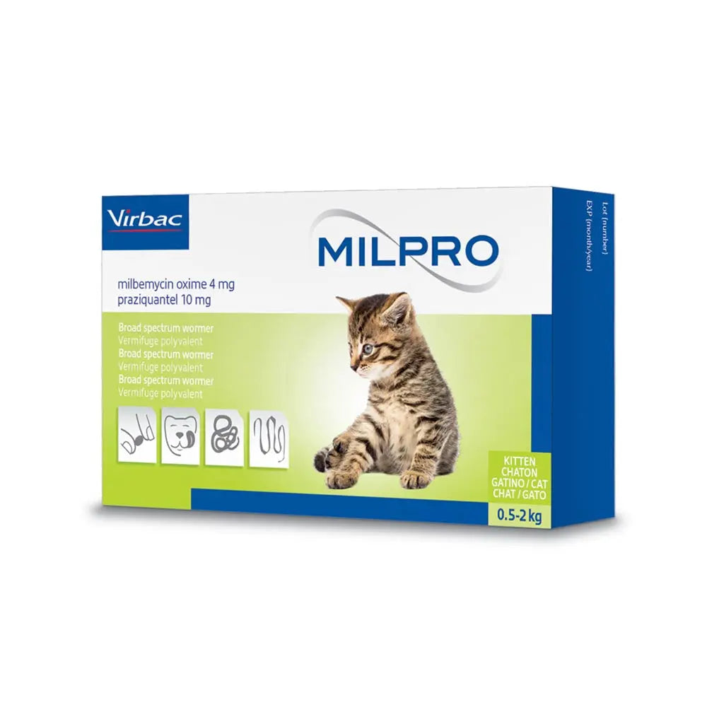 Milpro cat dewormer packaging featuring a kitten and product details for effective parasite control.