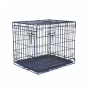 Durable metal dog crate with a removable tray for easy cleaning and secure locking mechanism.