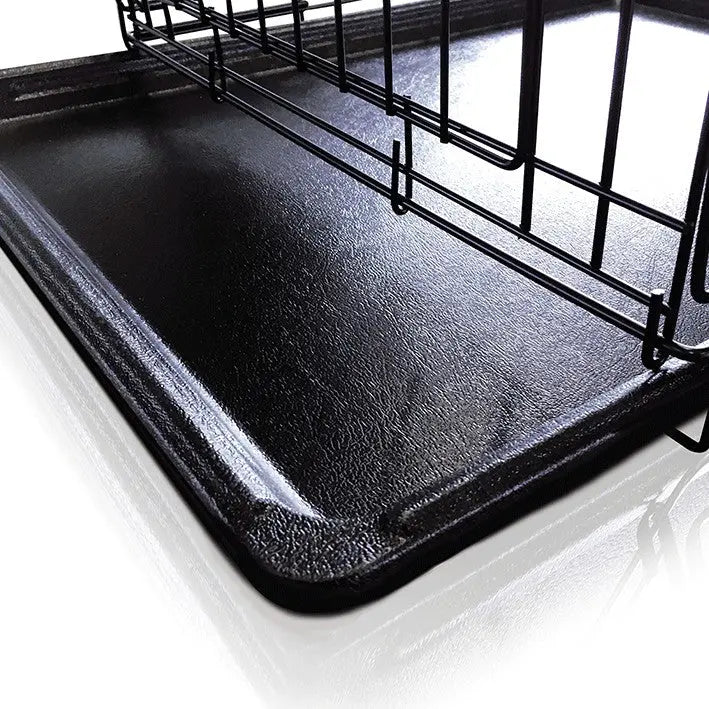 Durable black dog crate tray designed for easy cleaning and optimal pet comfort.