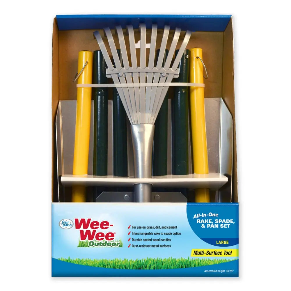 Wee-Wee Outdoor all-in-one rake, spade, and pan set for easy lawn care and maintenance.