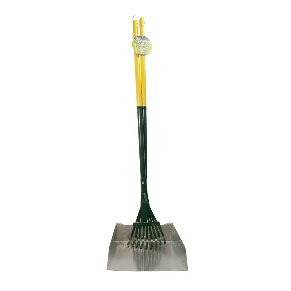 Garden rake and shovel set with yellow handles for efficient yard work and landscaping tasks.