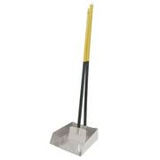 Heavy-duty metal snow shovel with a long handle for efficient snow removal.
