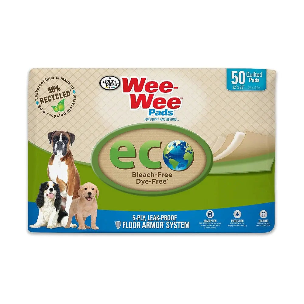 Eco-friendly Wee-Wee pads for pets, featuring a leak-proof design and made from 50% recycled materials.