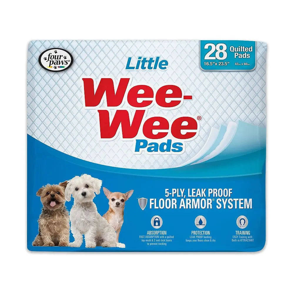 Wee-Wee Pads for pets, featuring a leak-proof design and 28 quilted pads for effective training and protection.