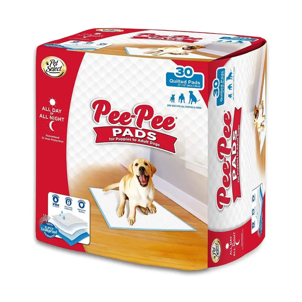 Pee-Pee Pads for dogs, quilted design, ideal for training puppies and adult dogs, 30-count pack.