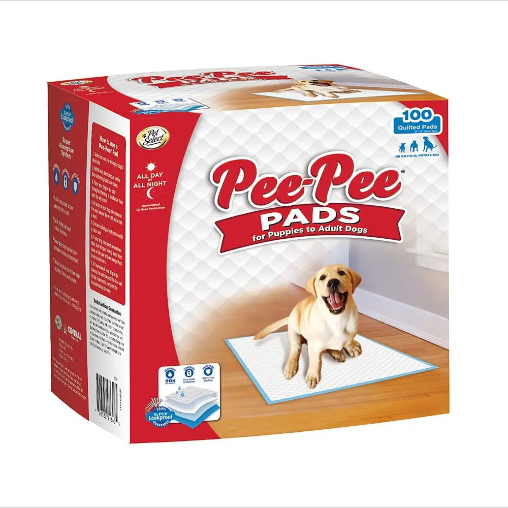 Pee-Pee Pads for dogs, ideal for training puppies and adult dogs, featuring 100 absorbent pads.