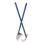 Blue gardening tools with a rake and hoe for efficient soil cultivation and maintenance.