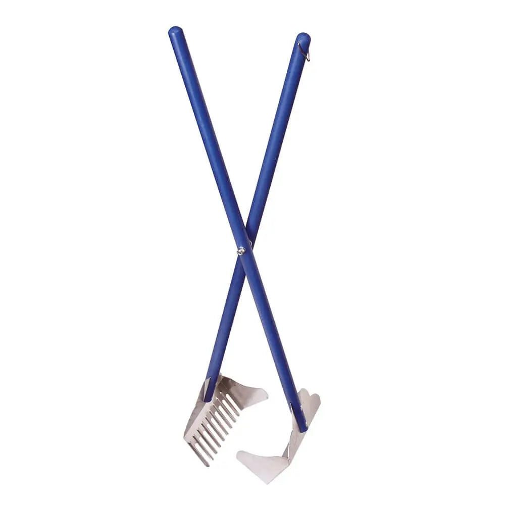 Blue gardening tools with a rake and hoe for efficient soil cultivation and maintenance.