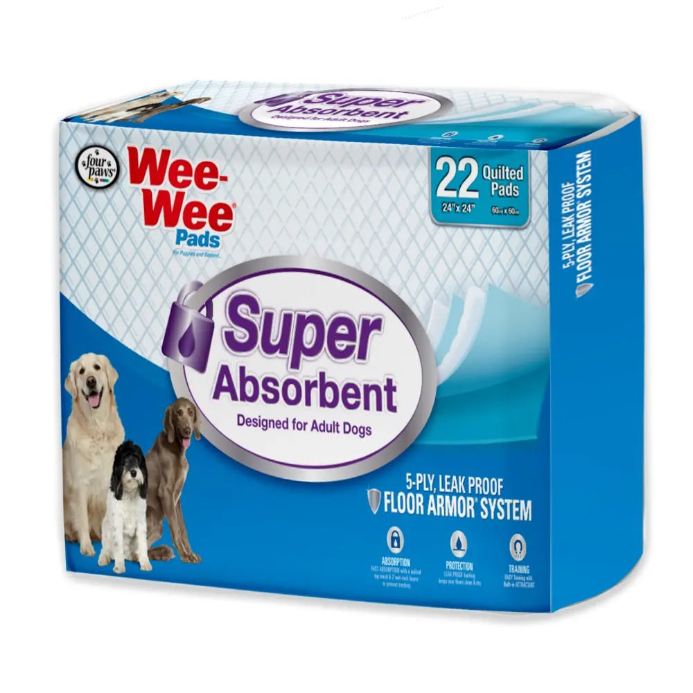 Wee-Wee Super Absorbent Pads for adult dogs, featuring a 5-ply leak-proof design and 22 quilted pads.