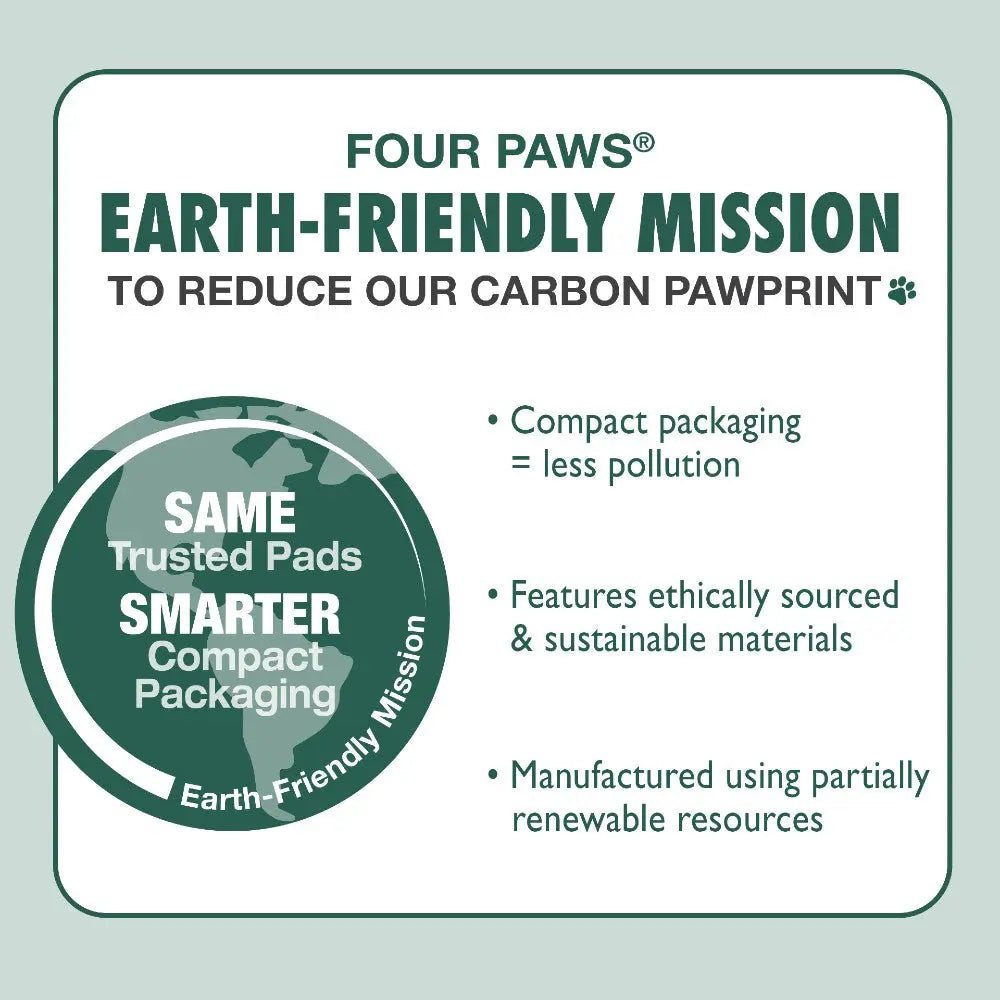 Four Paws' Earth-Friendly Mission highlights sustainable packaging and materials for a reduced carbon pawprint.
