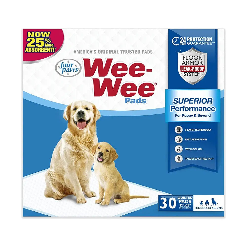 Wee-Wee Pads by Four Paws, 30 count, leak-proof, super absorbent, ideal for puppy training and indoor use.