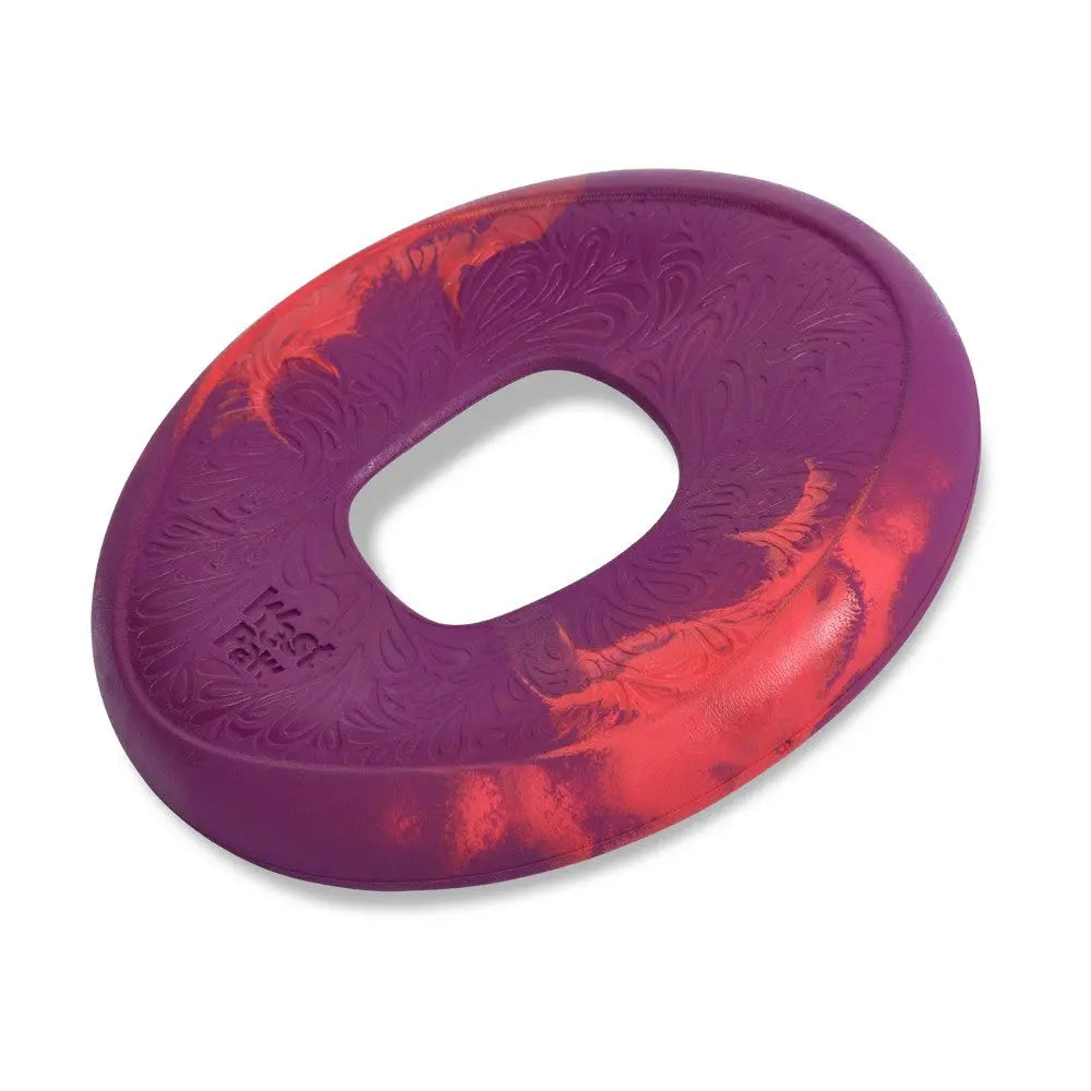Durable purple and red dog frisbee designed for outdoor play and fetch activities.