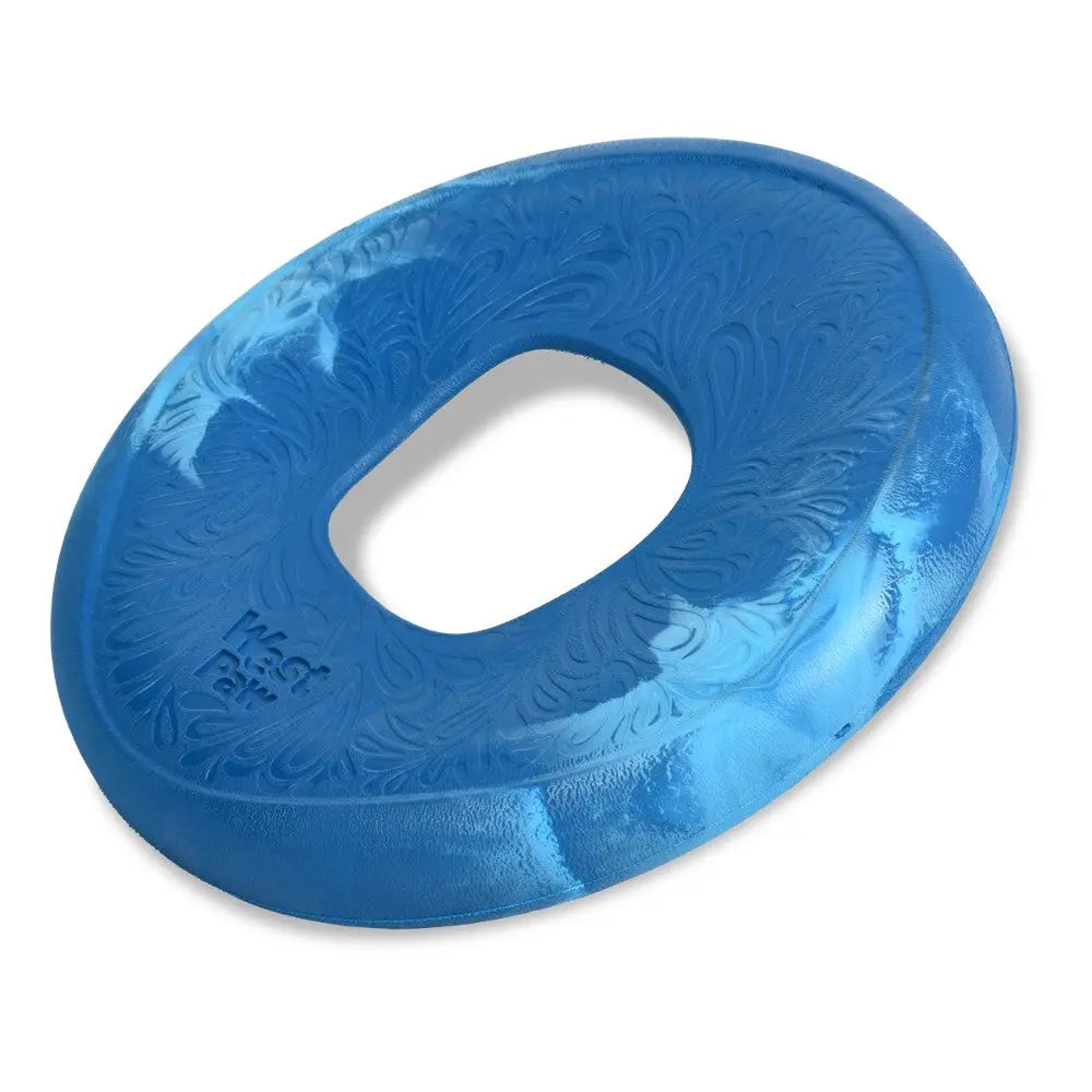 Durable blue dog frisbee designed for outdoor play and fetch activities.