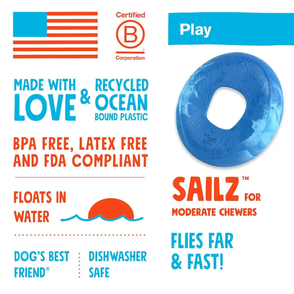 Blue dog frisbee made from recycled ocean plastic, safe for play and floats in water.