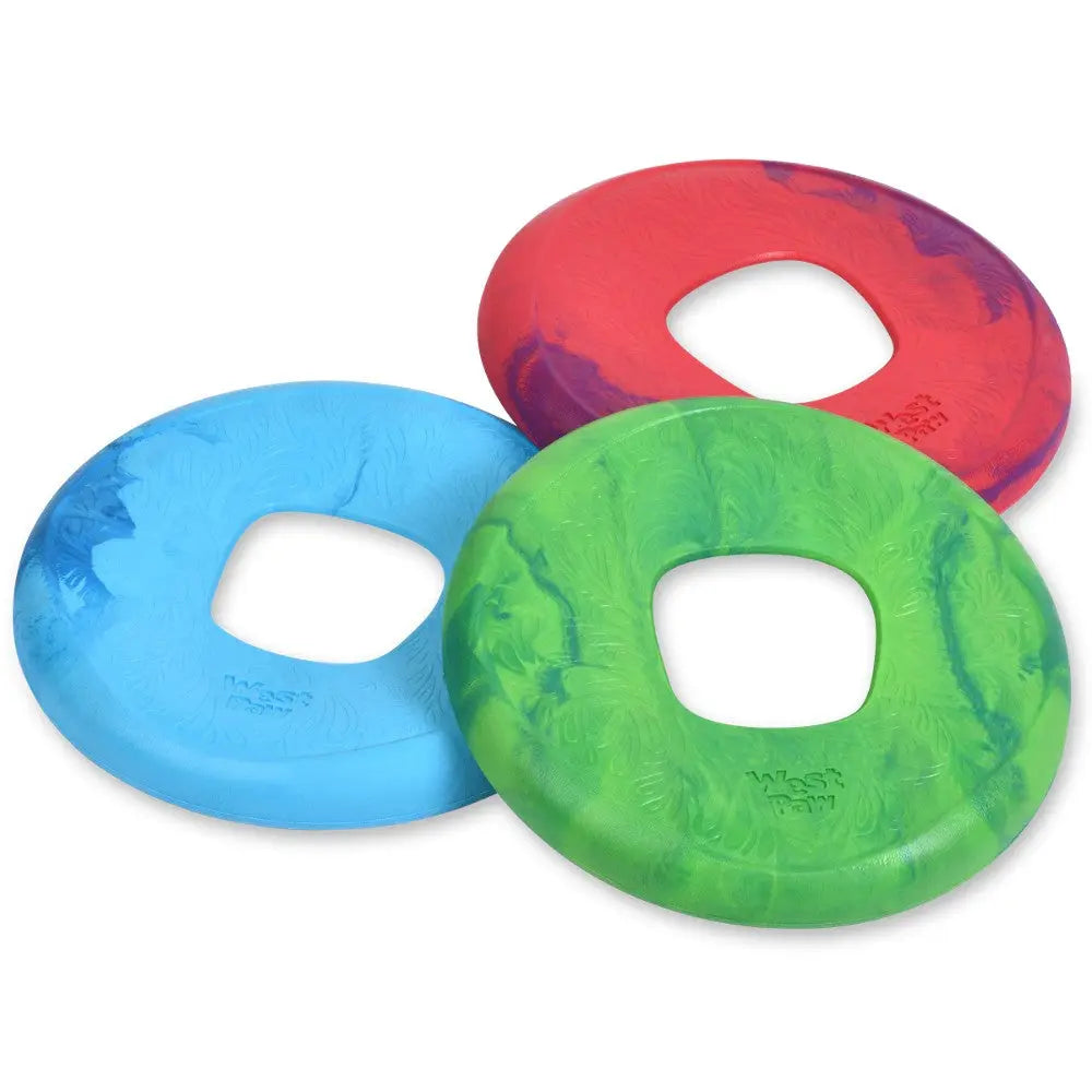 Colorful dog frisbees in blue, green, and red, perfect for outdoor play and exercise.