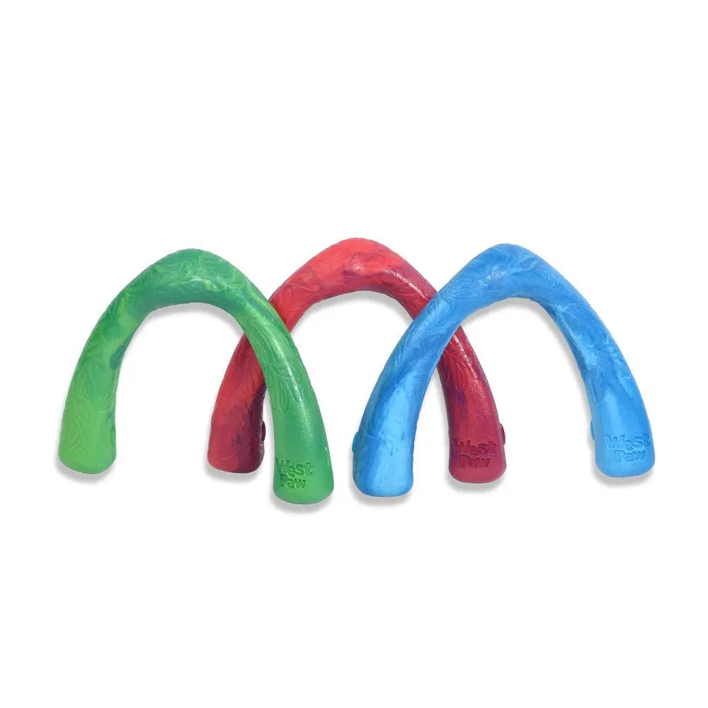 Colorful dog chew toys in green, red, and blue, designed for interactive play and dental health.