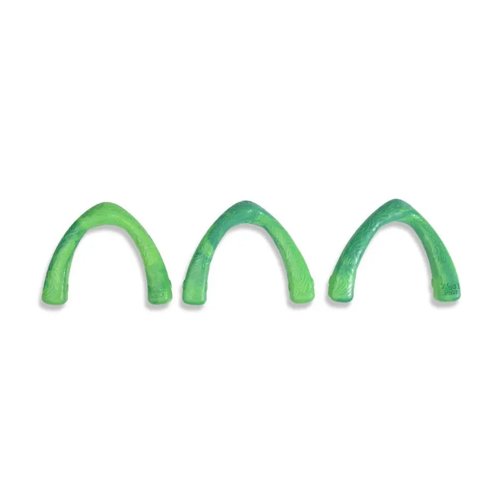 Green dog chew toys shaped like wishbones for dental health and playtime fun.