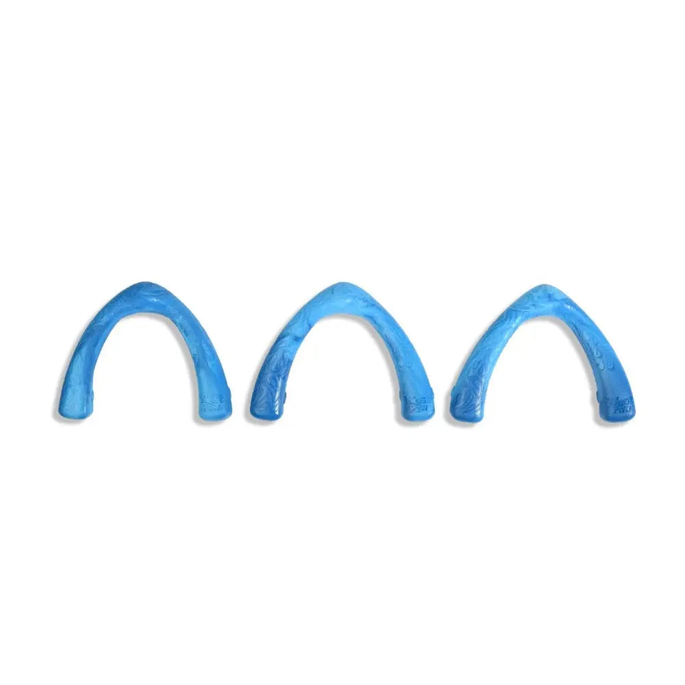 Blue dog chew toys in a curved shape, designed for durable play and dental health.