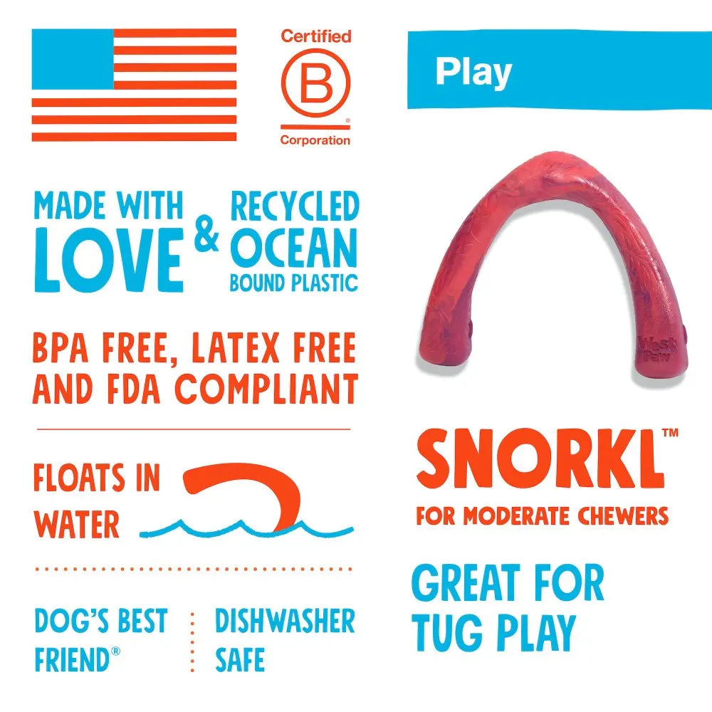 Red dog toy made from recycled ocean plastic, safe for tug play and floats in water.