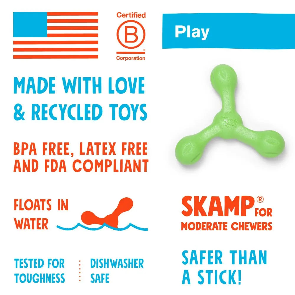 Green dog toy designed for moderate chewers, BPA-free, dishwasher safe, and floats in water.