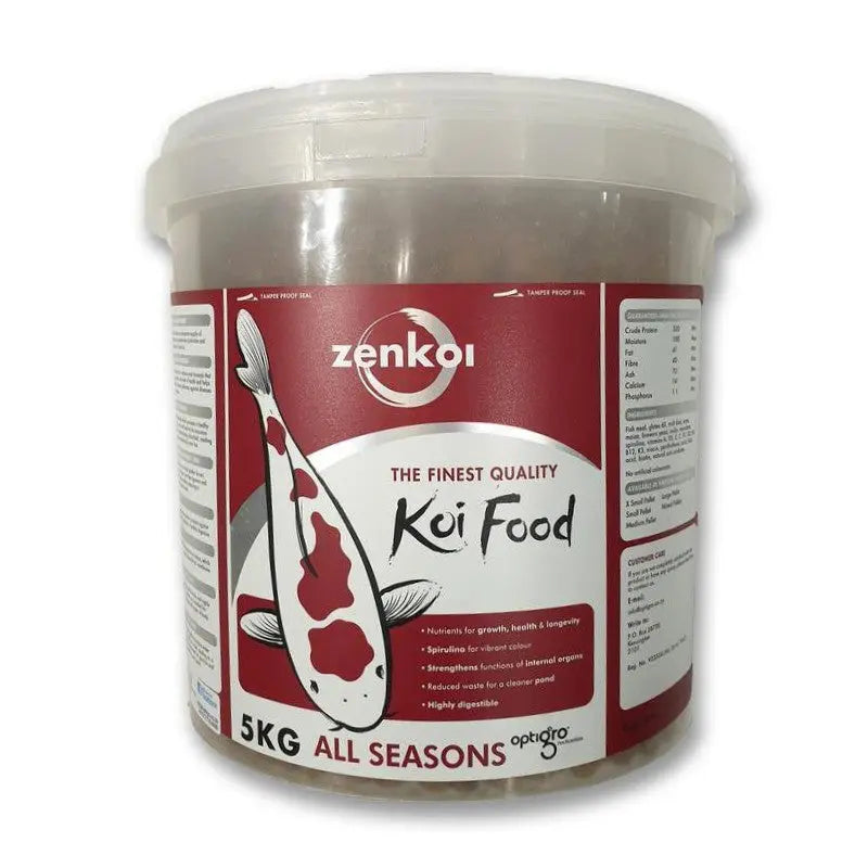 Zenkoï Koi Food 5kg tub, designed for optimal growth and health of koi fish in all seasons.