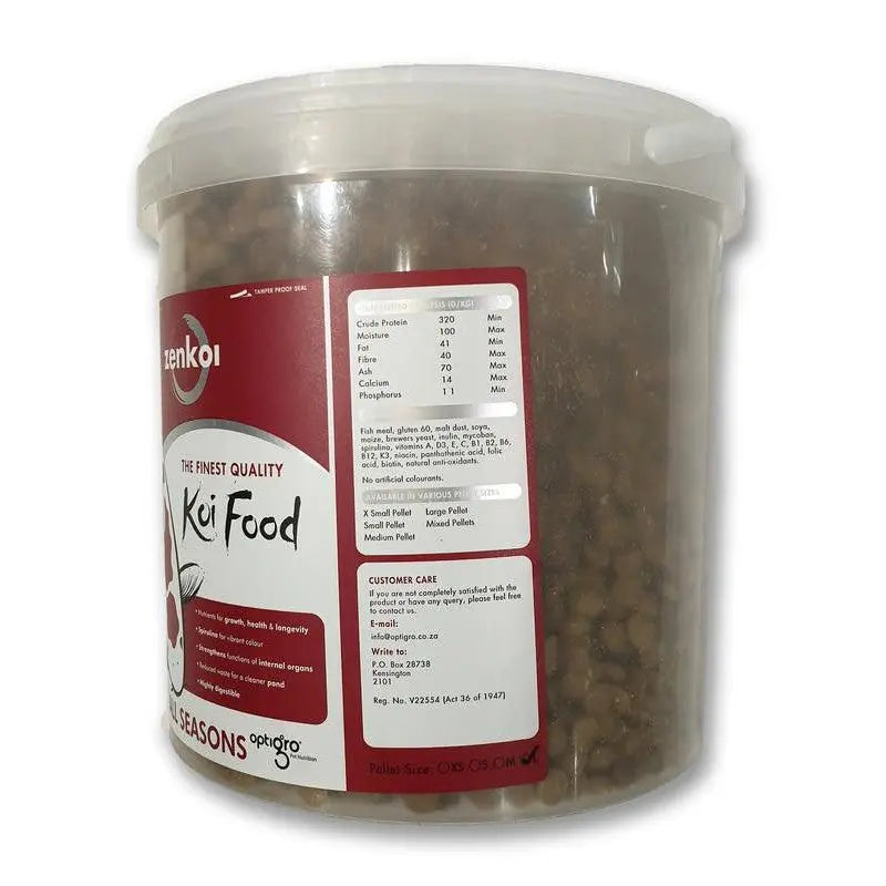 Zenkoi koi food in a clear container, featuring nutritional information and feeding guidelines.