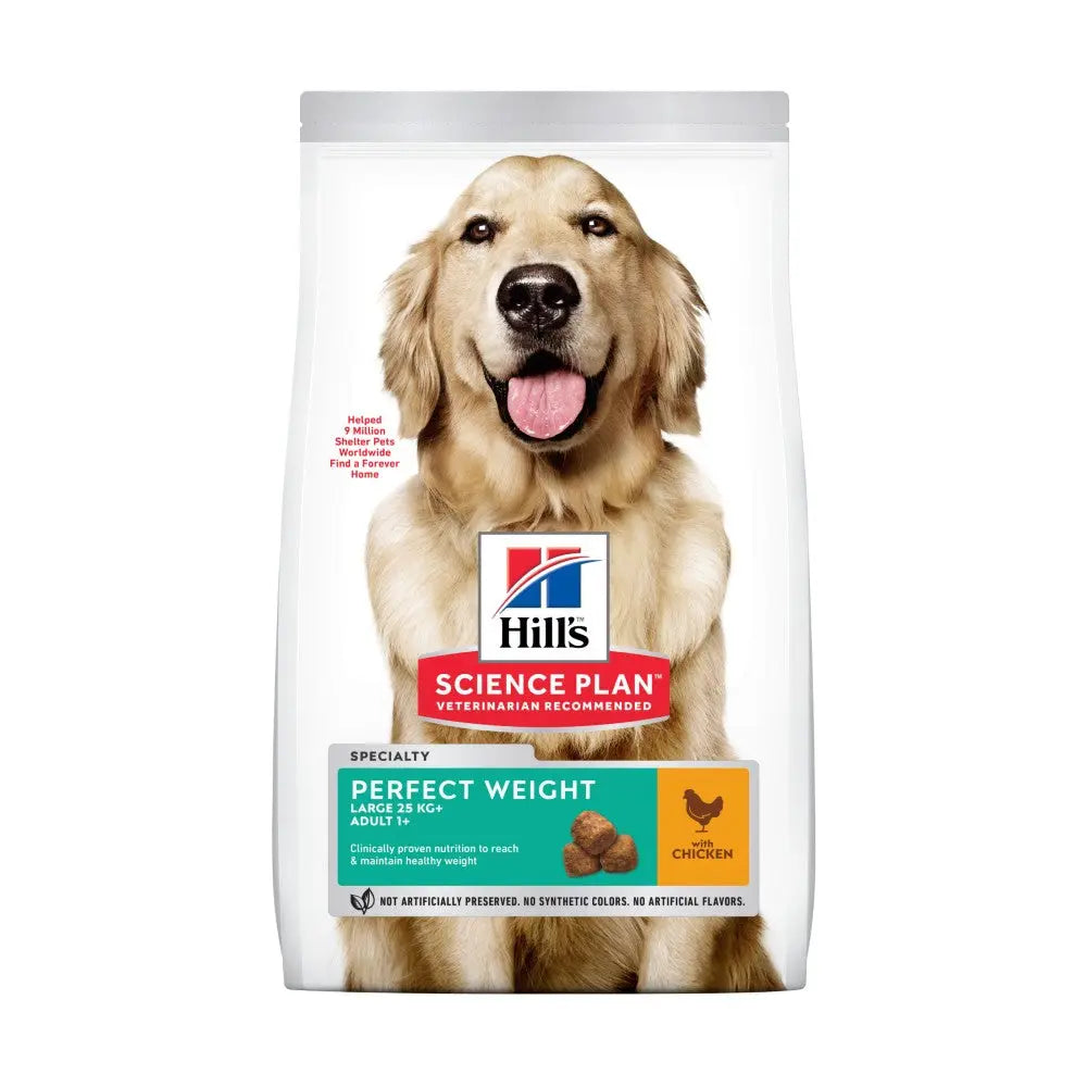 Hill's Science Plan Perfect Weight dog food bag with chicken, designed for adult large breeds.