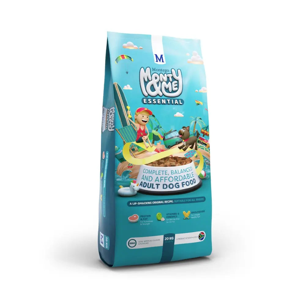 Monty & Cane Essential dog food bag, 20 kg, featuring a colorful design and balanced nutrition for adult dogs.