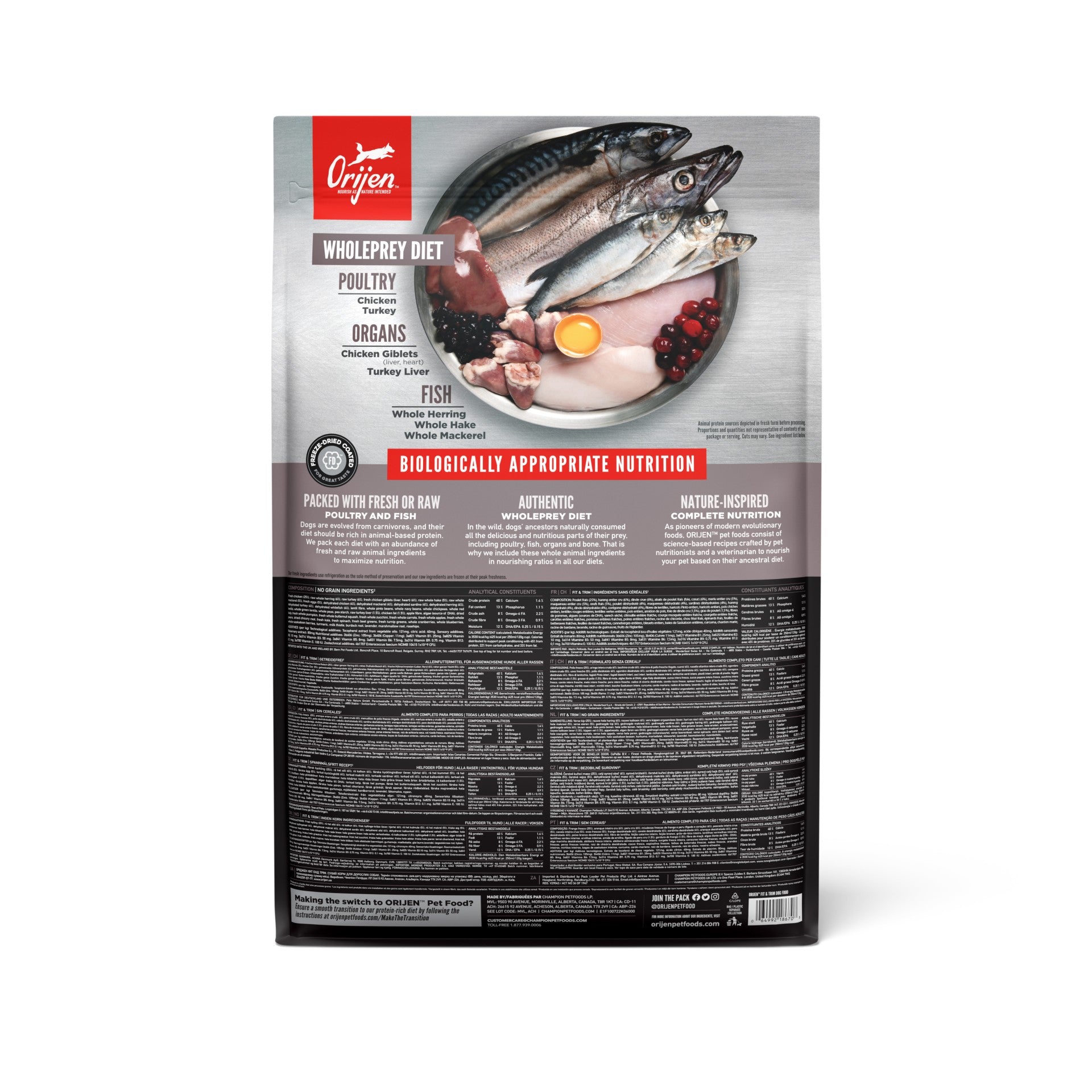 Orijen Fit & Trim Dog – back of bag packaging with nutrition details (South Africa)