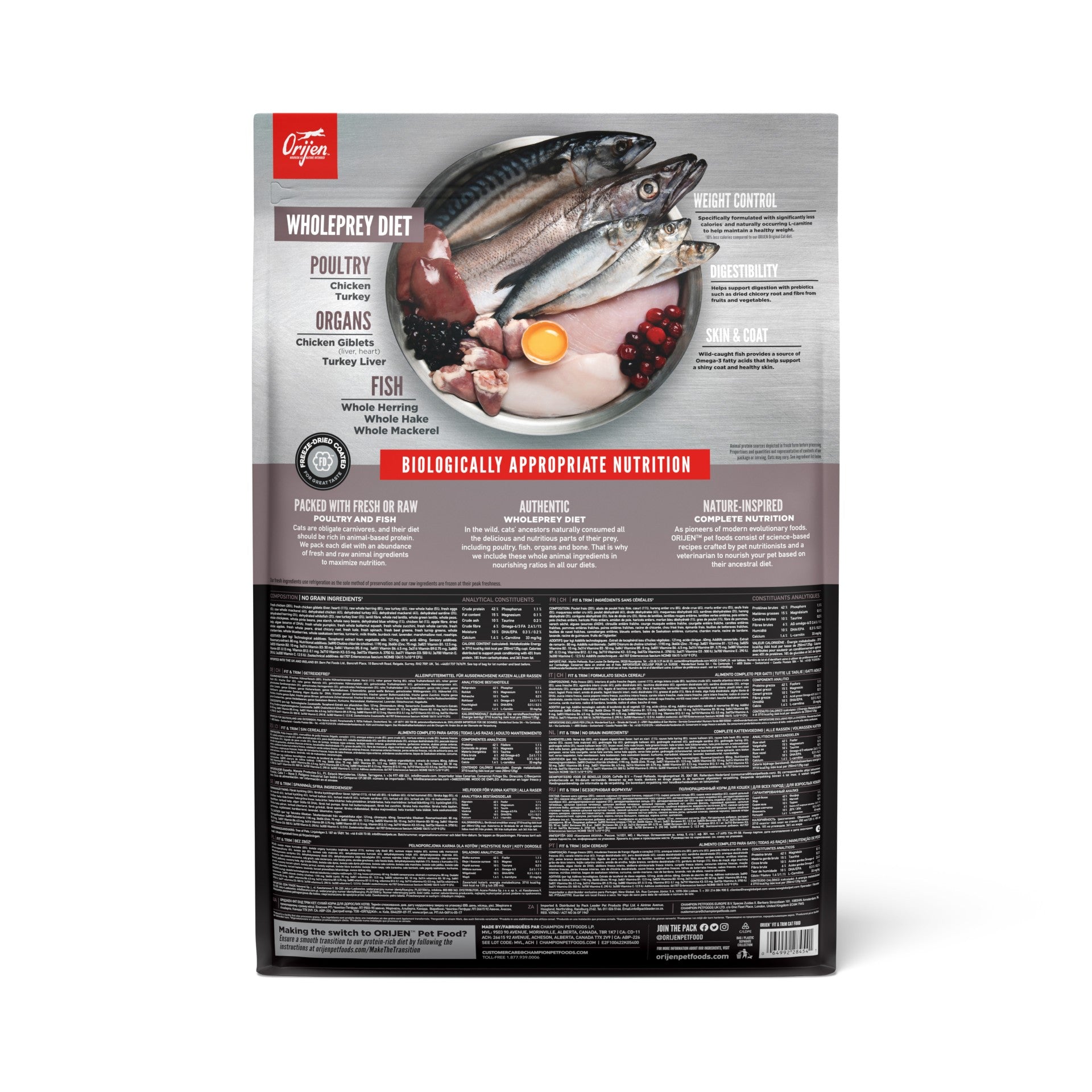 Orijen Fit & Trim Cat – back of bag packaging with nutrition details (South Africa)