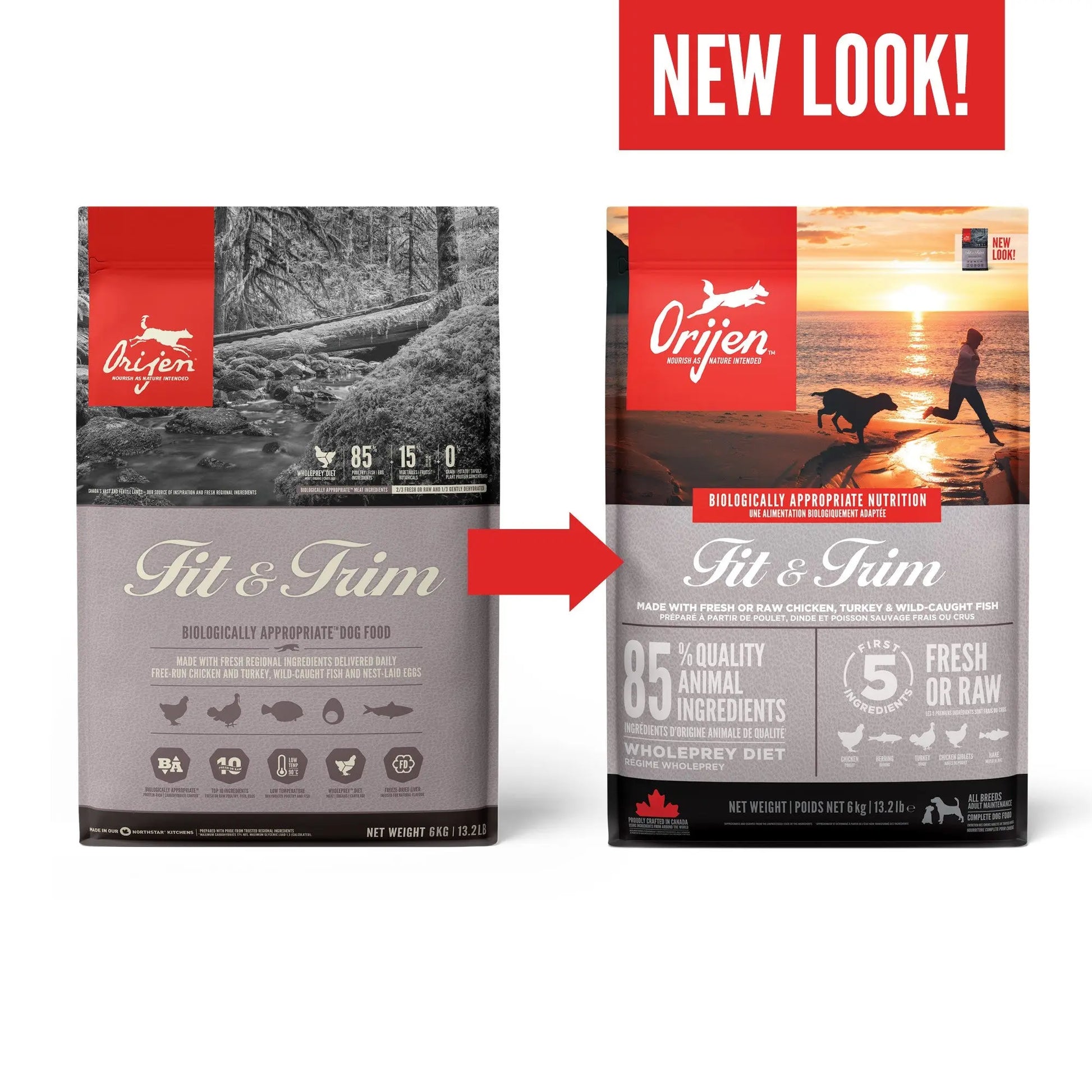 Orijen Fit & Trim Dog – back of bag packaging with nutrition details (SA)