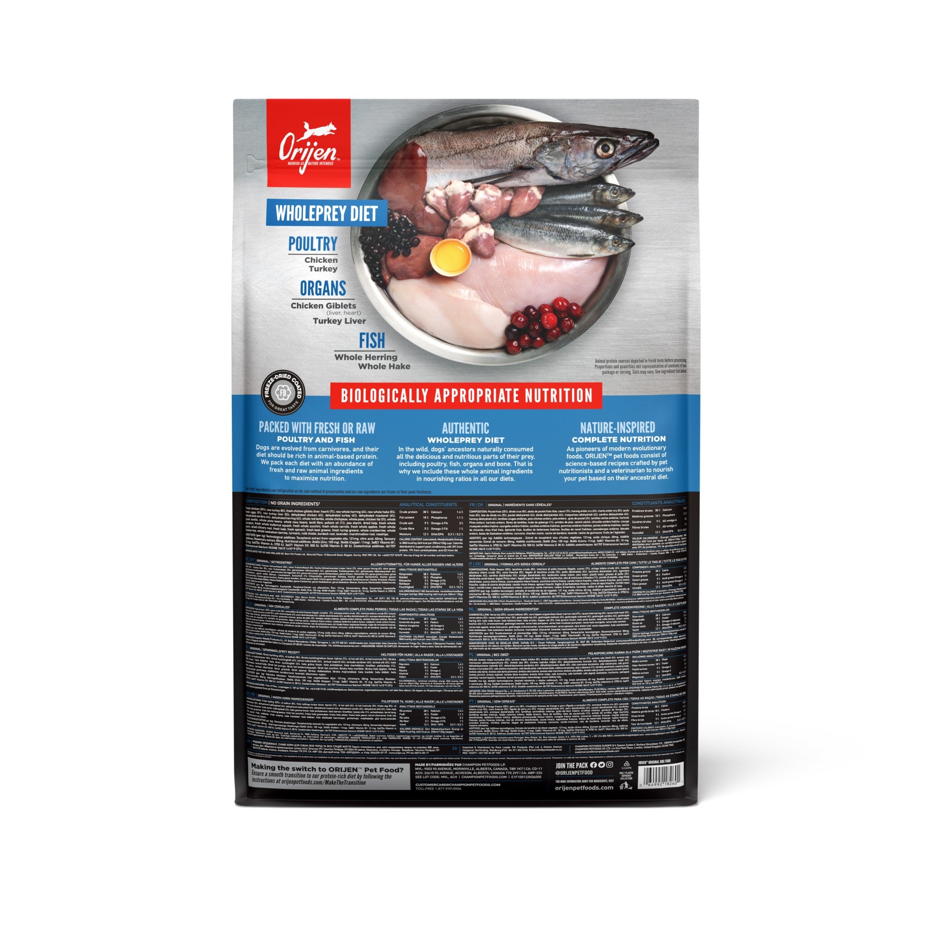 Orijen Original Dog – back of bag packaging with nutrition details (South Africa)