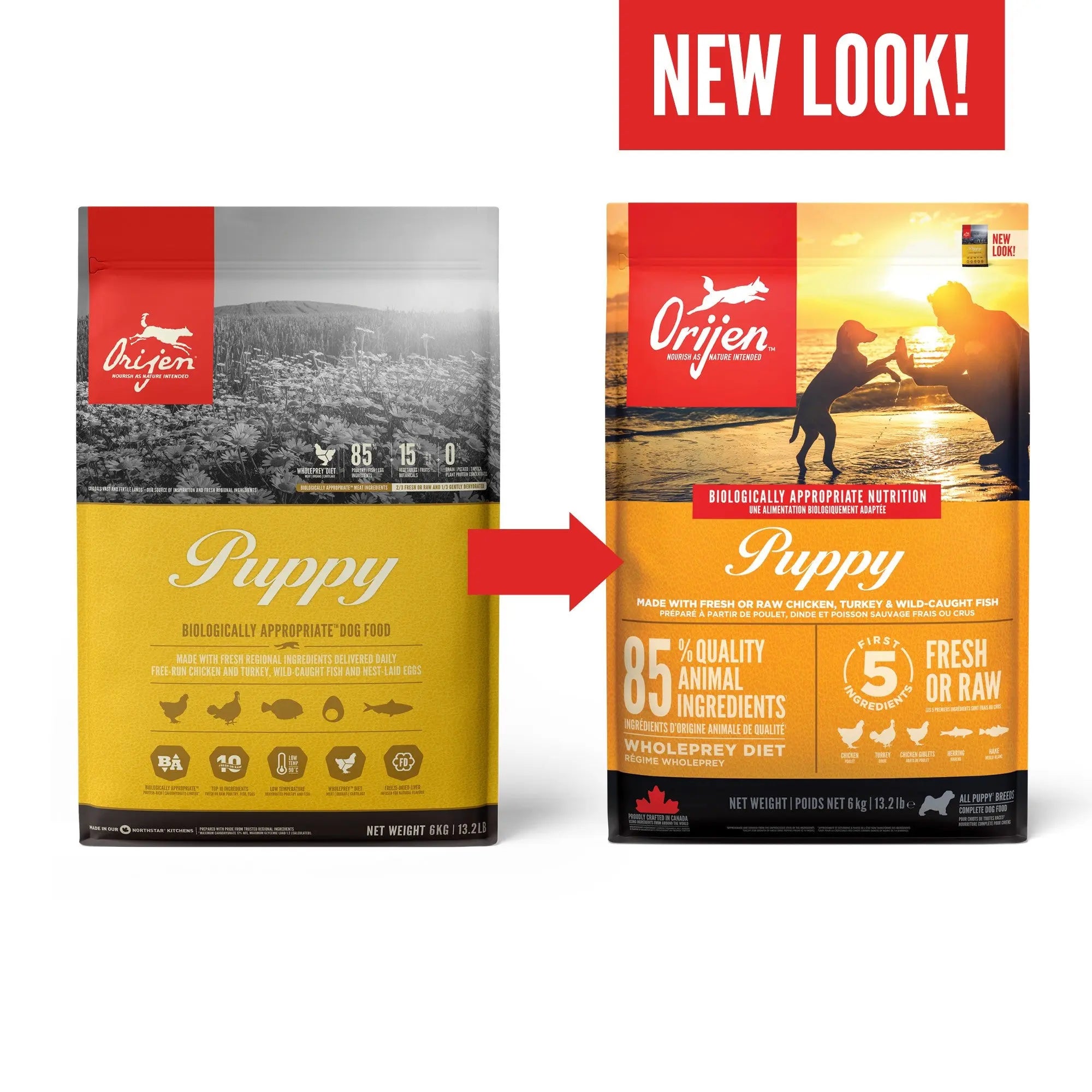 Orijen Puppy – back of bag packaging with nutrition details (SA)
