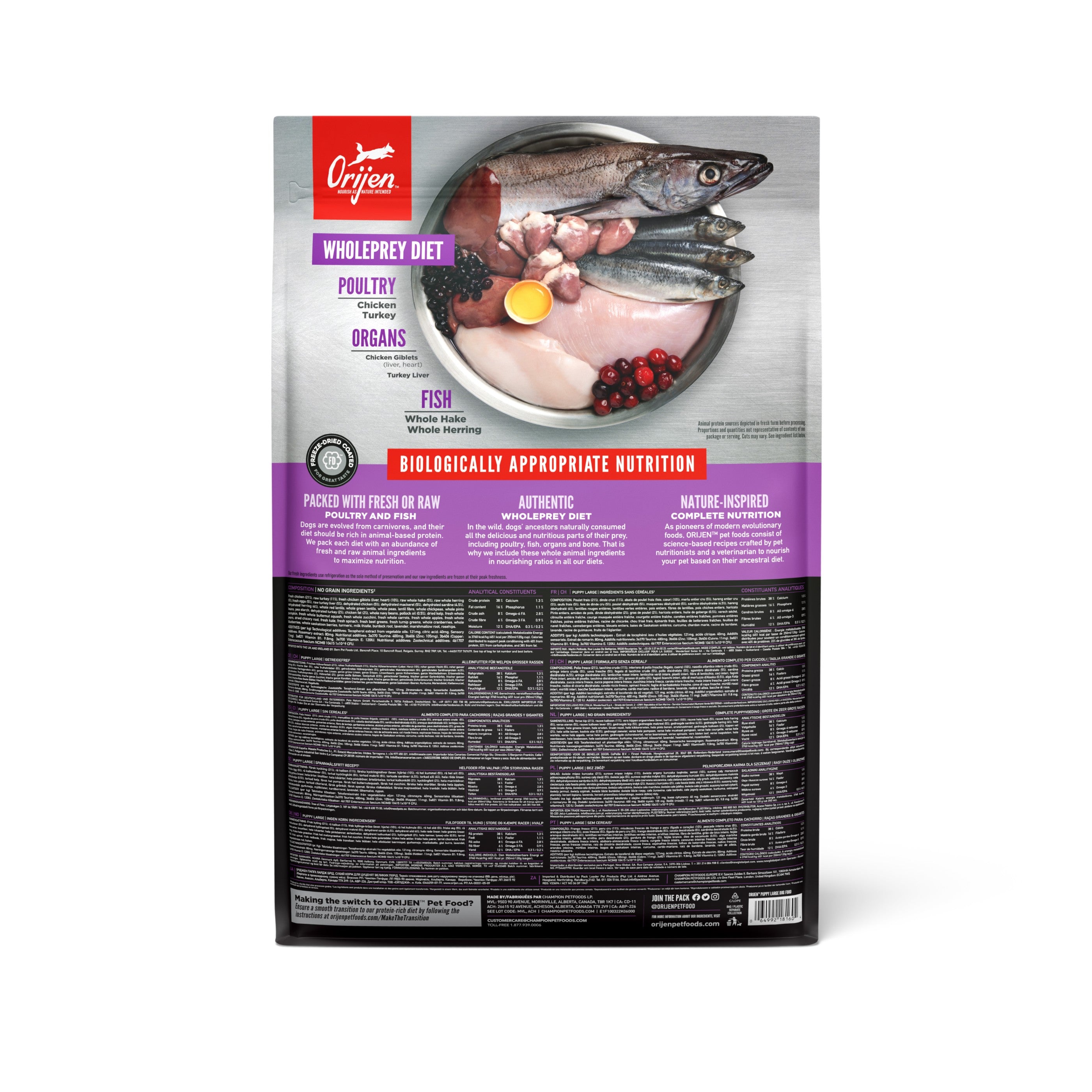 Orijen Puppy Large Breed – back of bag packaging with nutrition details (South Africa)