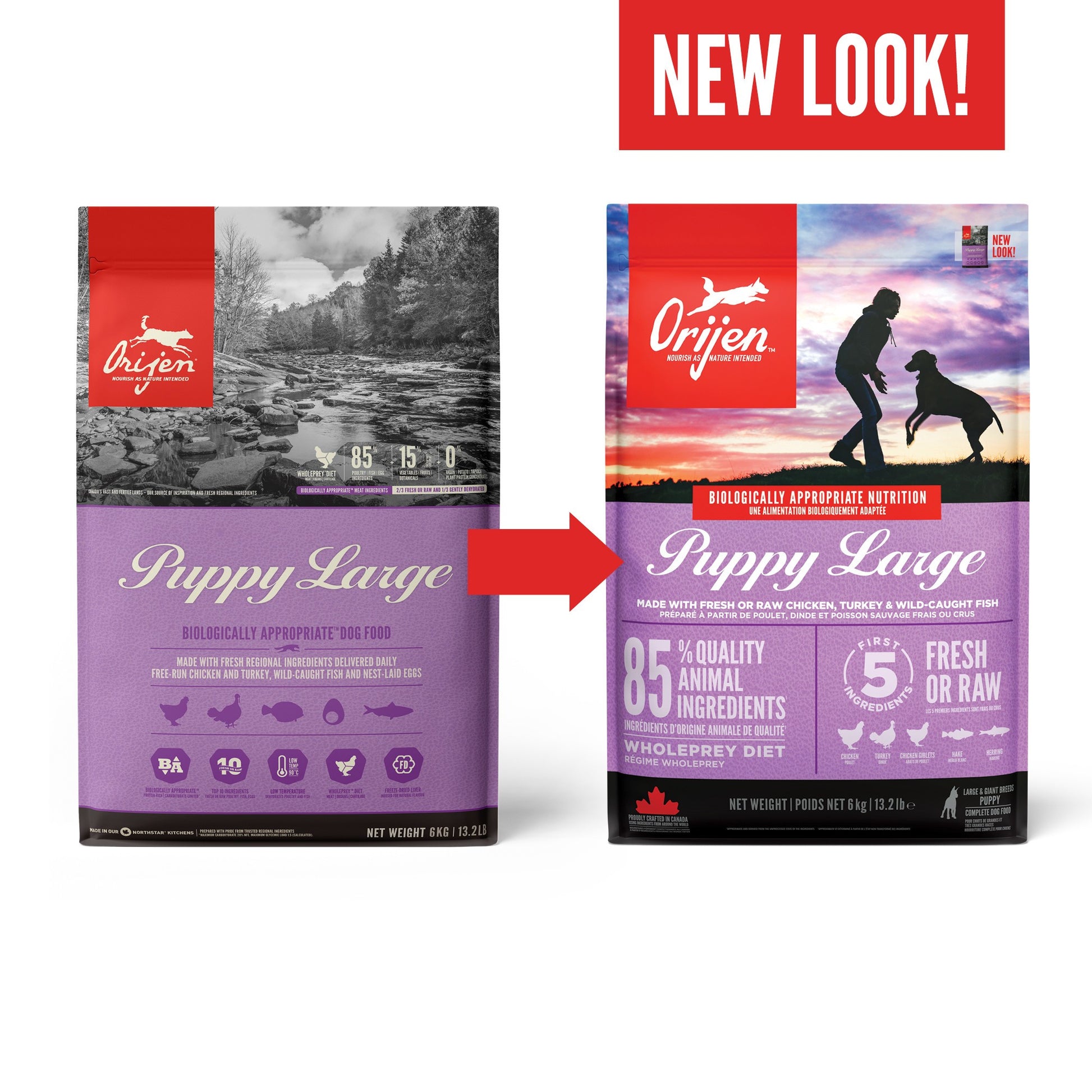 Orijen Puppy Large Breed – back of bag packaging with nutrition details (SA)
