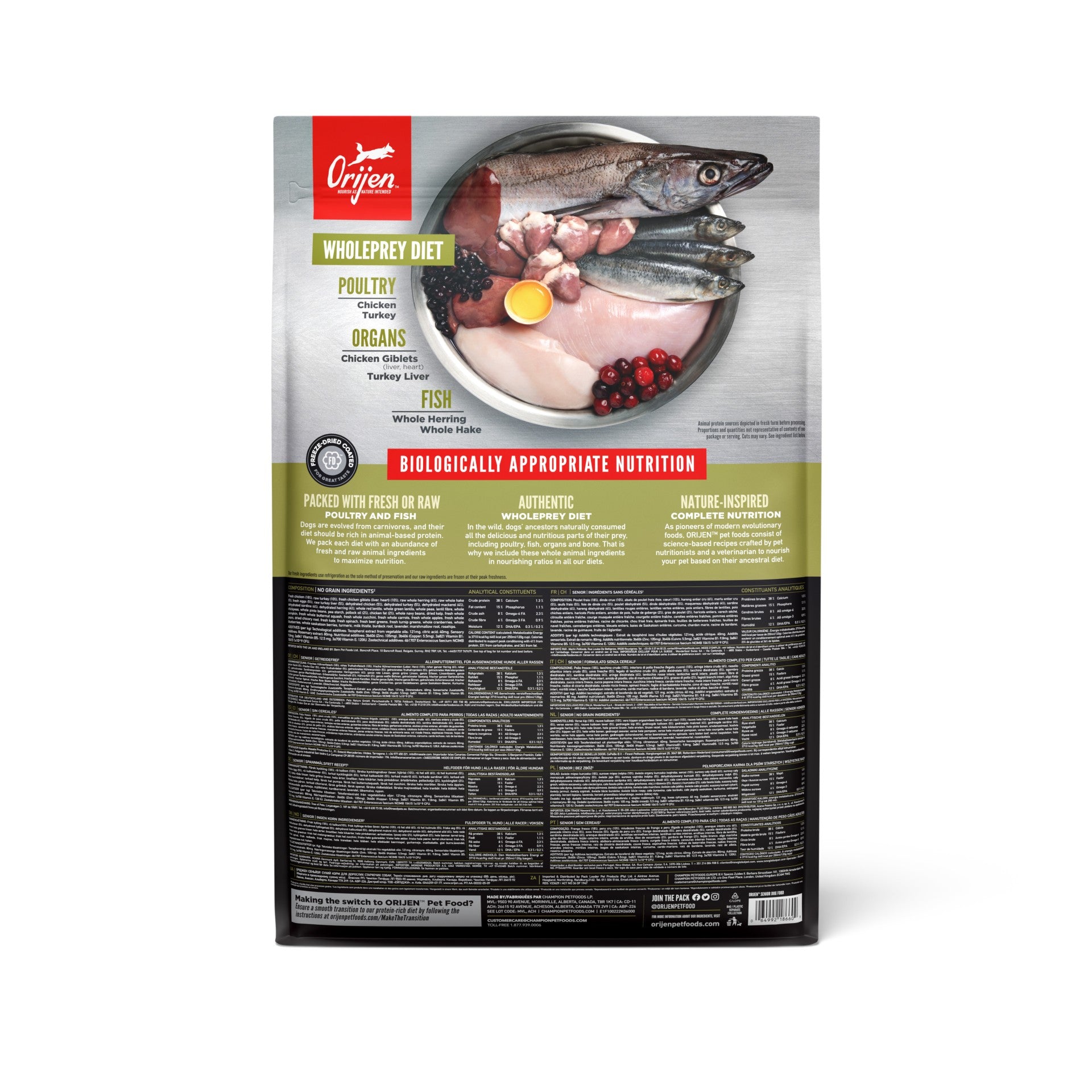 Orijen Senior Dog – back of bag packaging with nutrition details (South Africa)