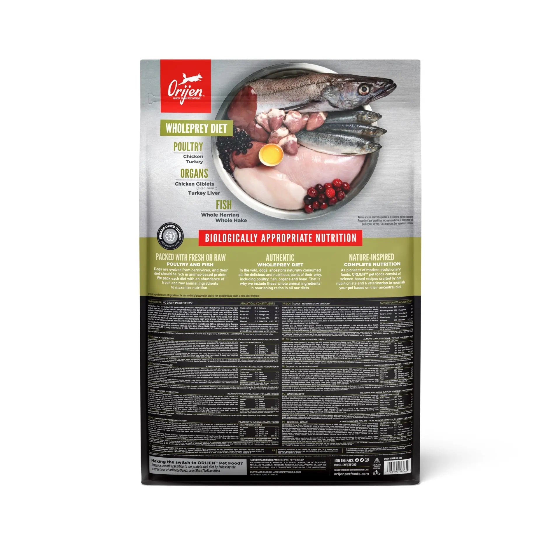 Orijen Senior Dog – back of bag packaging with nutrition details (South Africa)