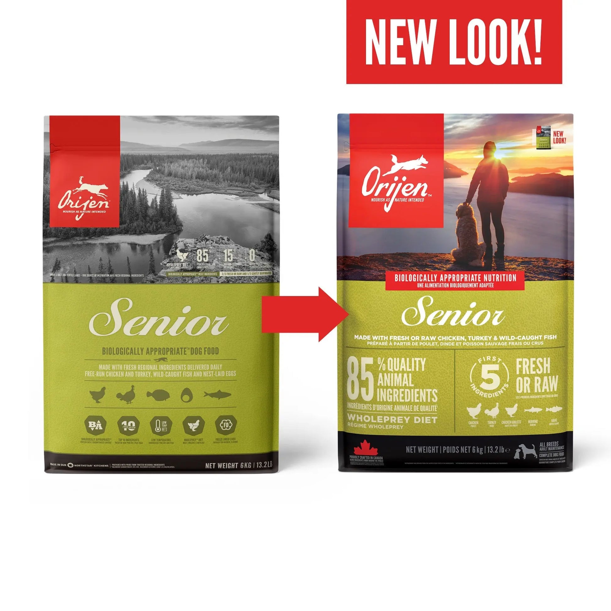 Orijen Senior Dog – back of bag packaging with nutrition details (SA)
