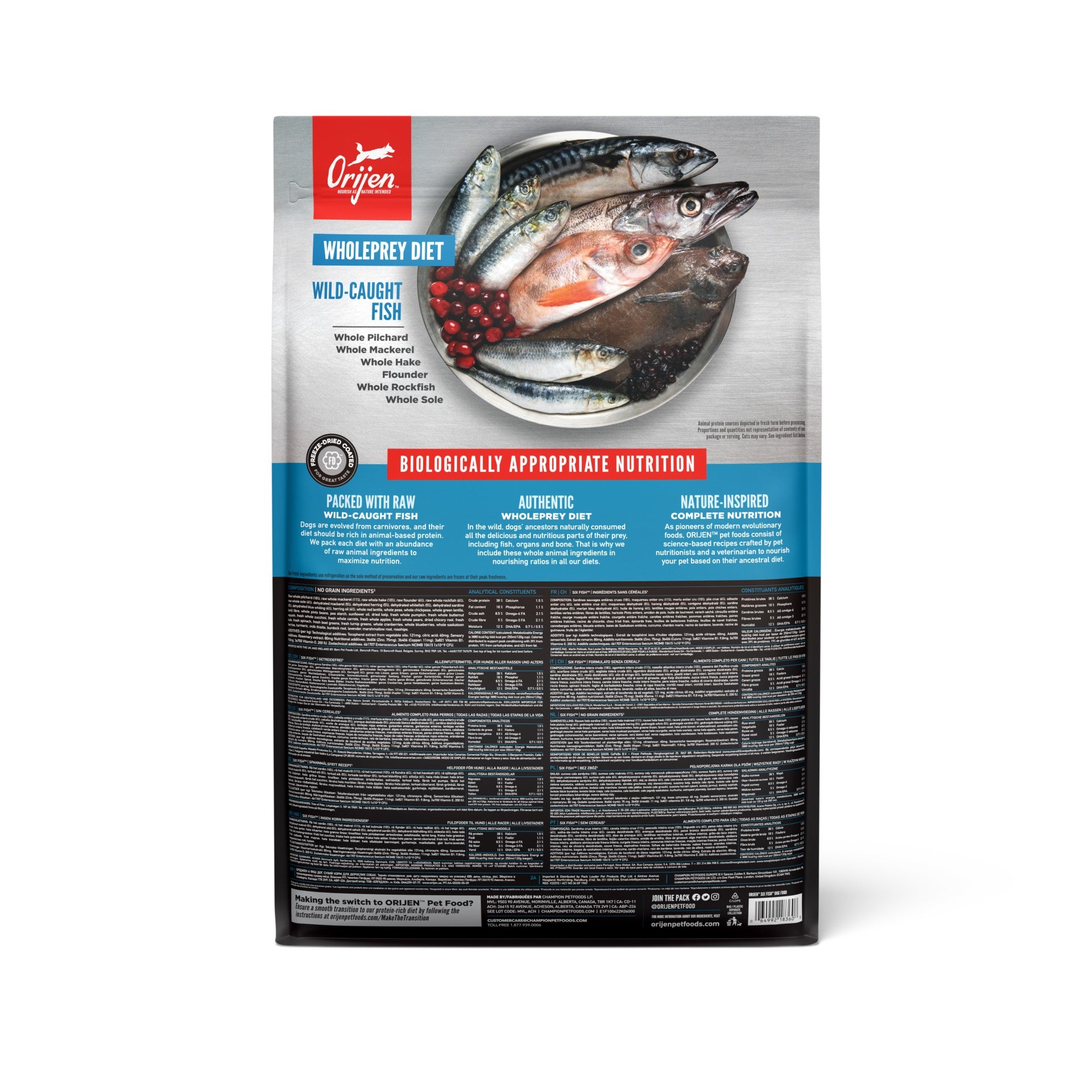 Orijen Six Fish Dog – back of bag packaging with nutrition details (South Africa)