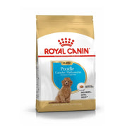 Royal Canin Poodle puppy food bag with nutritional information and a picture of a Poodle.